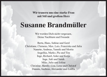 Traueranzeige von Susanne Brandmüller von Pegnitz-Zeitung